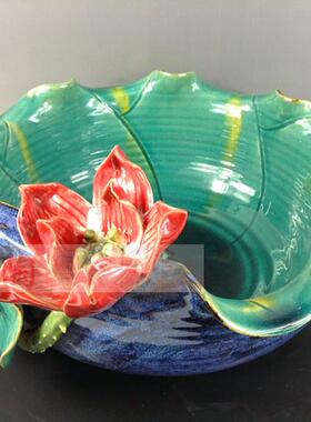 陶瓷工艺品石湾公仔家居装饰品礼品客厅桌面电视柜摆件荷花盆促销
