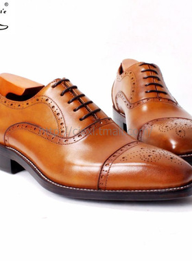 ci'e(其艾)黄棕手绘擦色意大利固特异手工皮底雕花牛津款定制男鞋