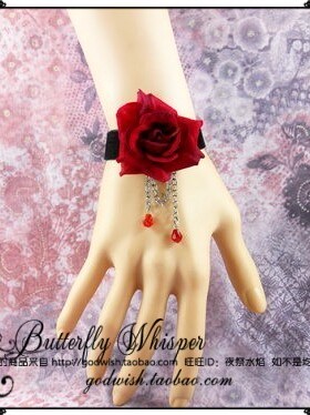 『血色绽放』包邮复古哥特lolita紅绒布仿真玫瑰流苏水晶蕾丝手链