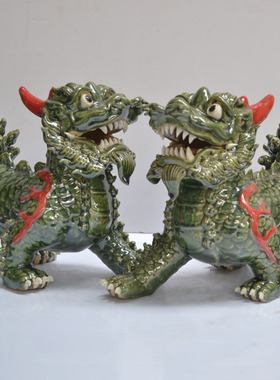 陶瓷麒麟摆件一对家居摆设招财玄关前台屋顶阳台客厅玄关装饰品