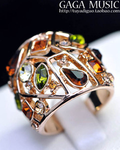 欧美时尚幻彩色复古镂空水晶戒指拇指食指戒夸张香槟金钻戒饰品女