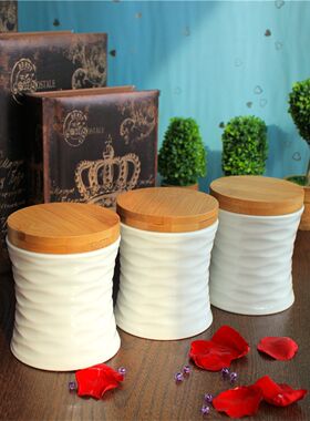 zakka白瓷竹木厨房储物瓶调味罐