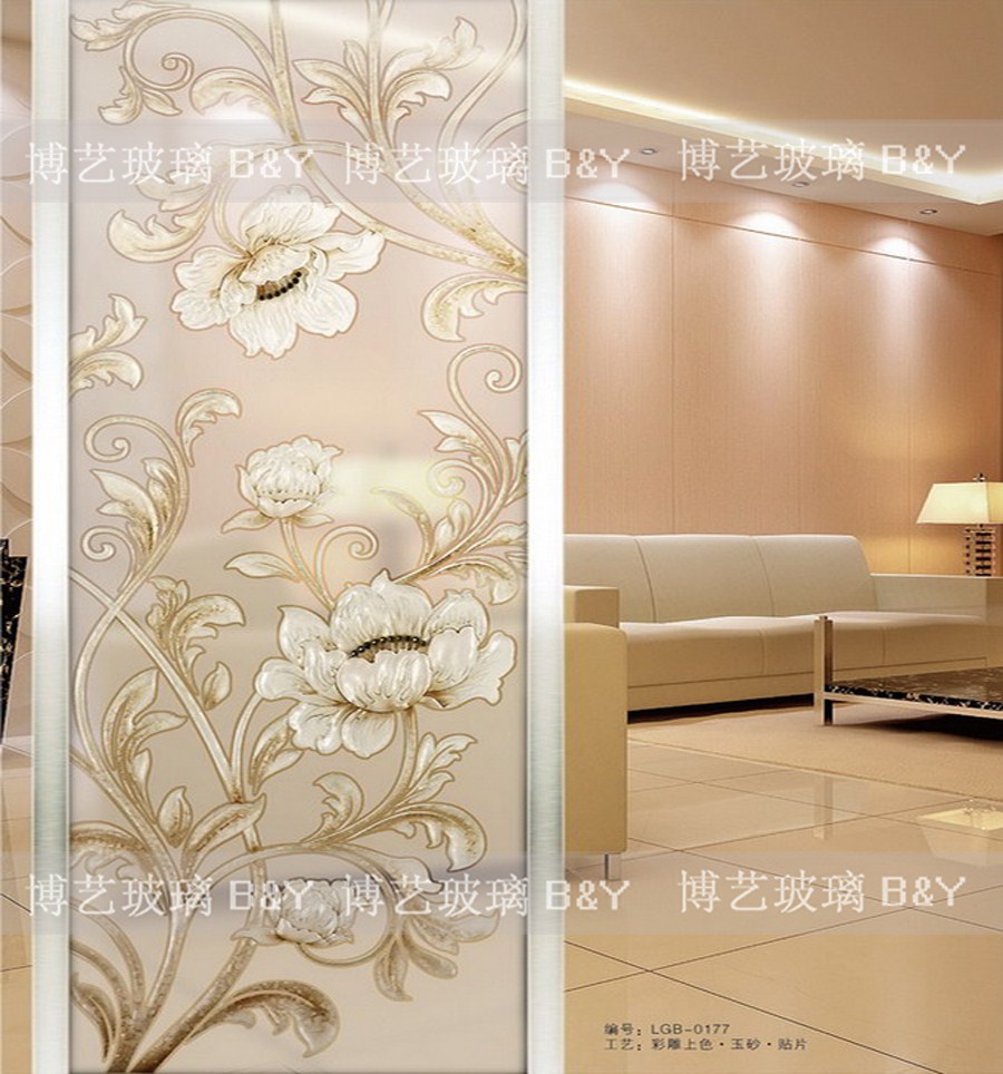 上海艺术玻璃玄关简欧深雕立体隔断现代风格玻璃屏风富贵飘香