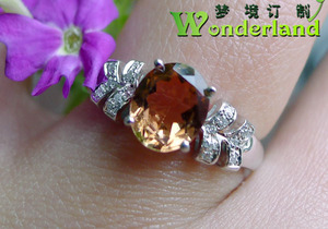 天然茶金色碧玺电气石彩色宝石戒指环18K白金钻石群镶现货特