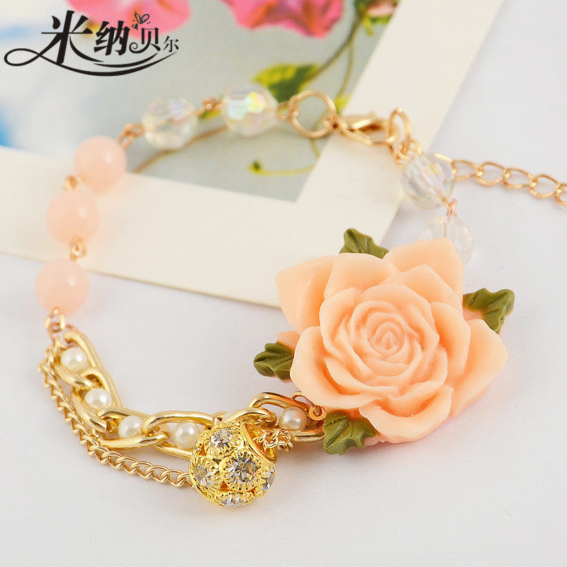 韩版优雅甜美 大玫瑰花朵 珍珠 水晶珠珠手链 手镯