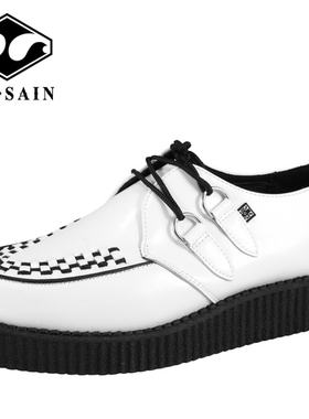 TUK潮牌街头日系原宿女款摇滚朋克增高圆头牛皮白色厚底松糕鞋