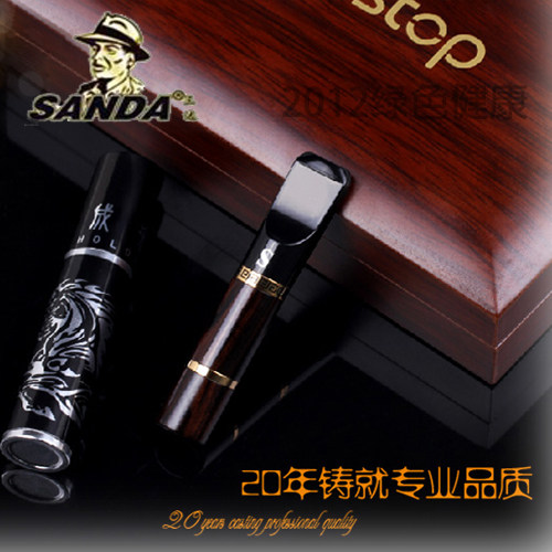 正品包邮促销SANDA三达 进口黑檀木精雕拉杆式黄金烟嘴高档礼盒装