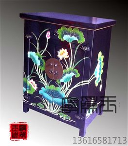 可定制中式彩绘黑底荷花二门二斗玄关柜 小鞋柜 电视柜 手绘家具