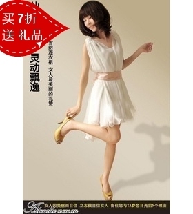 2012韩版夏季女装淑女公主白色V领雪纺衬裙连衣裙腰带套装 A1016