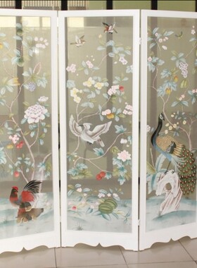 住宅家具真丝手绘屏风工笔兆丰年丝绸绡隔断silk screen