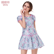 Fine bi Linda 2015 spring/summer new women's Europe and mosaic prints low waist slim short sleeve pleated skirt dress