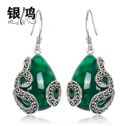 Hong 925 Silver jewelry natural green agate Silver earrings Imperial-style Thai silver Lady Ruby Earrings