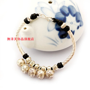 合欢铃　99纯银老银手工银五铃转运珠弯管黑线手镯 情人节礼物女
