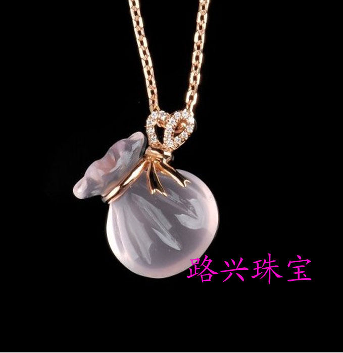 特价处理925银镀玫瑰金天然粉晶福袋钱袋芙蓉石吊坠