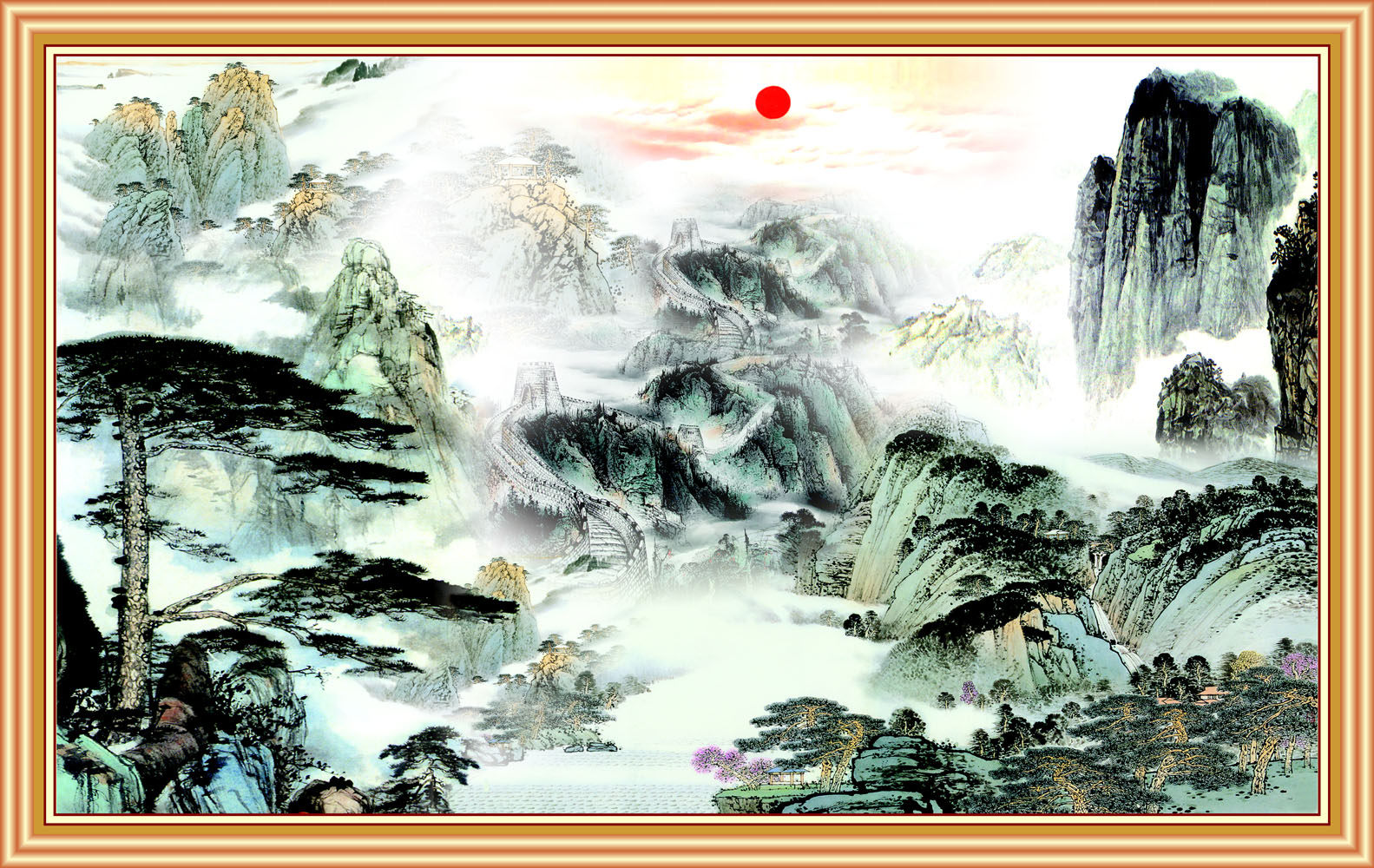 655海报印制定制展板素材27中堂画红日迎客松长城山水墨国画