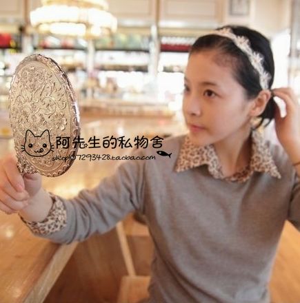 韩国GS公主镜 手拿美容化妆镜手柄镜子随身梳妆镜复古雕花 大小号