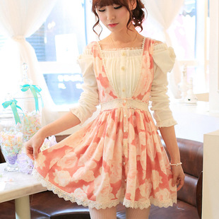 花炮大叔百搭甜美花色蕾丝边深V领高腰背心修身背带裙