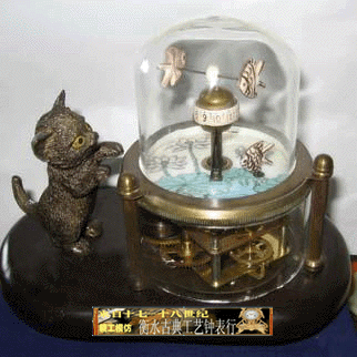 衡水古典工艺钟表行 精美摆设小猫钓鱼 鱼缸钟表 趣味台钟铜钟