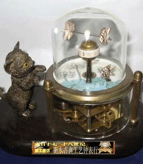 衡水古典工艺钟表行 精美摆设小猫钓鱼 鱼缸钟表 趣味台钟铜钟