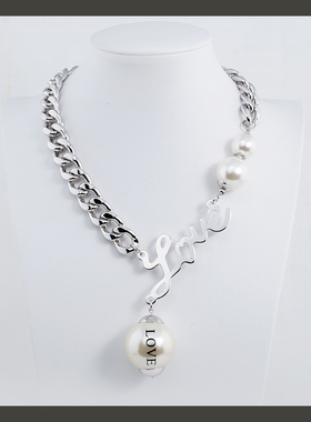 韩国正品代购进口 love字母大珍珠吊坠金属粗链夸张短项链毛衣链