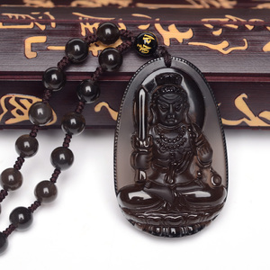 天然冰种黑曜石不动尊吊坠 属鸡本命佛 生肖鸡守护神项链