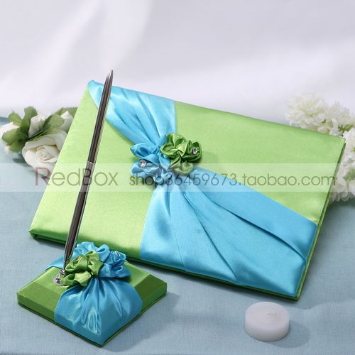 RedBox婚礼布置用品结婚宾客签到混搭蓝绿色花朵婚庆签名簿签到笔