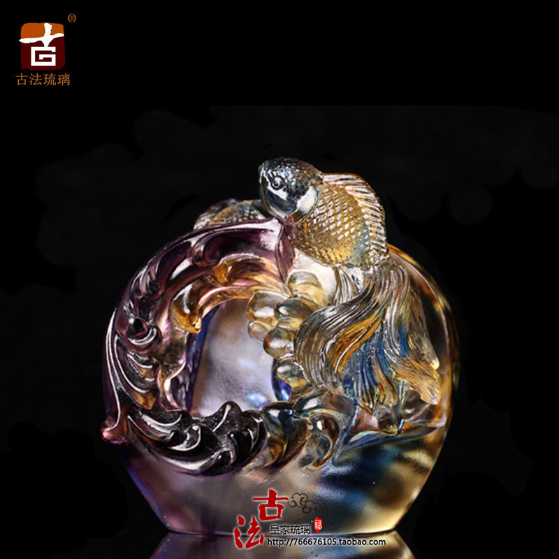 古法琉璃台湾烧制脱蜡工艺戏水名片座办公金鱼摆件