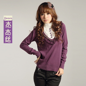 美歌5 杰杰丝女装 优雅雪纺花立领气质针织衫淑女毛衣 春装 款