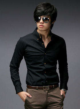HSCP时尚潮流高领男士长袖衬衫男免烫黑色衬衣韩版修身免烫型男装