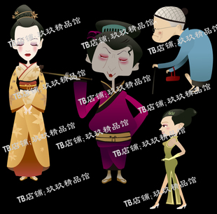 falsh 矢量动画片人物日式和服女多视图 旗袍女三十图老奶奶 素材