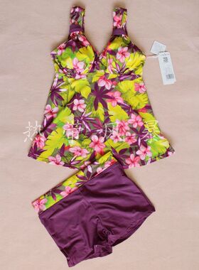 亏本品牌正品号手温泉聚拢游泳衣女保守显瘦分体平角614208黄紫红