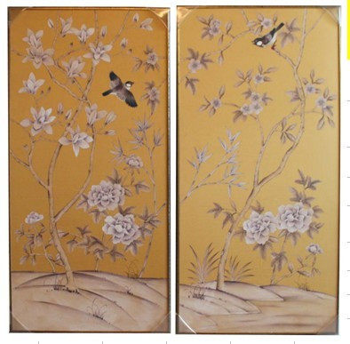 家居主材饰品国画真丝手绘绢画工笔黄底竹鸟图 silk painting