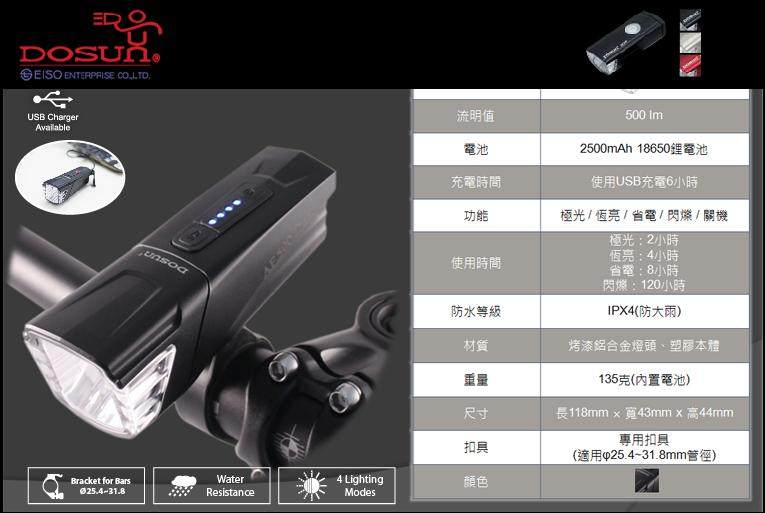 台湾DOSUN af500德规光型500Lumens车头灯USB充电500流明多功能在类目 自行车/骑行装备/零配件, 自行车/单车装备, 自行车灯中 - 来自Buy2taobao.com提供专业的淘宝代购服务