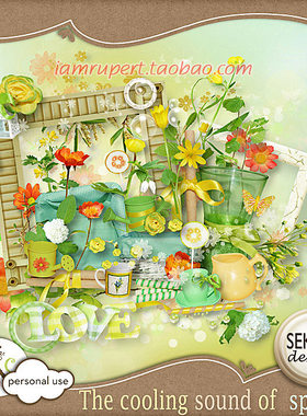 剪贴儿童Scrapbook素材 清新粉嫩唯美花朵蝴蝶水壶花园背景 Y039