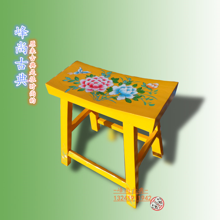 新中式实木彩绘仿古典老榆木马鞍凳梳妆凳换鞋凳吧凳子手工彩绘图