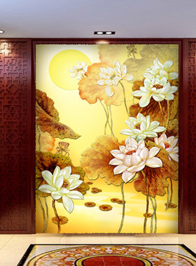 金色荷花3d大型壁画电视背景墙无纺布墙纸立体过道玄关泰式壁纸