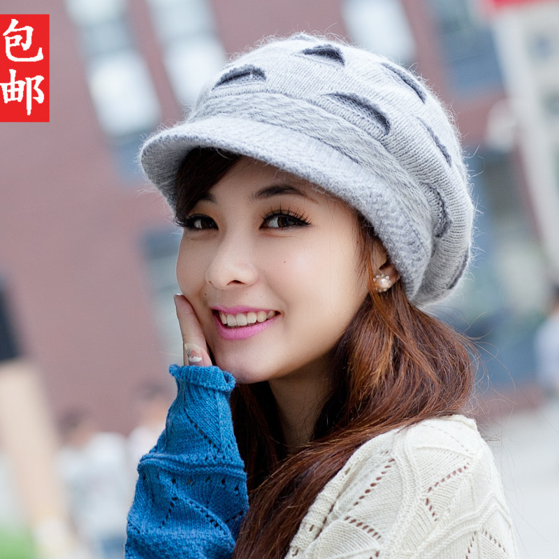 韩版女士兔毛帽子眼皮针织帽鸭舌可爱绒线保暖毛线帽秋冬天潮冬款