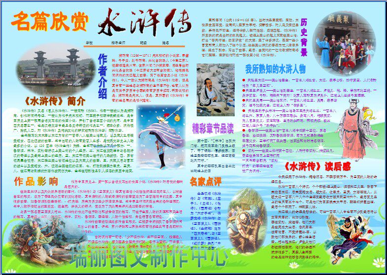 名篇欣赏水浒传读书卡彩色小报成品阅读名著电脑手抄报模板438