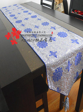 新中式织绵布艺时尚桌旗床旗青花瓷富贵花茶几旗餐桌布古典