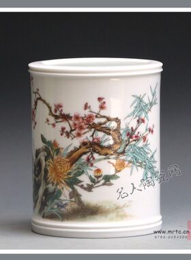 景德镇名人名作景德镇陶瓷李少景礼品瓷 《四君雅聚》笔筒