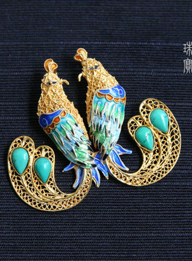 天醉纯银镀金吊坠胸针镶嵌绿松石