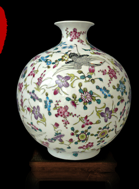 景德镇陶瓷器 花瓶 高白粉彩瓷 石榴瓶仙鹤 家居陶瓷器装饰品摆件