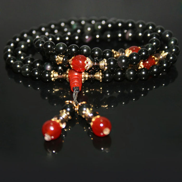 天然黑曜石108粒佛珠手链 红玛瑙多圈手串 108颗黑曜石手链