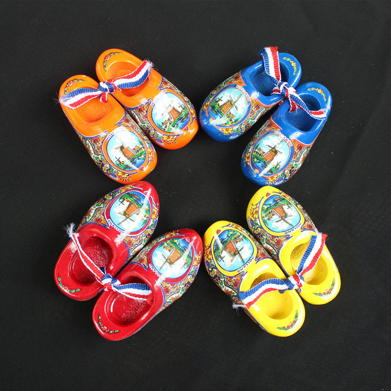荷兰特色木制小木鞋丝带成双风车图案送礼摆设工艺品6cm