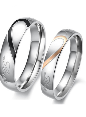 不掉色简约爱心拼图钛钢戒指男女