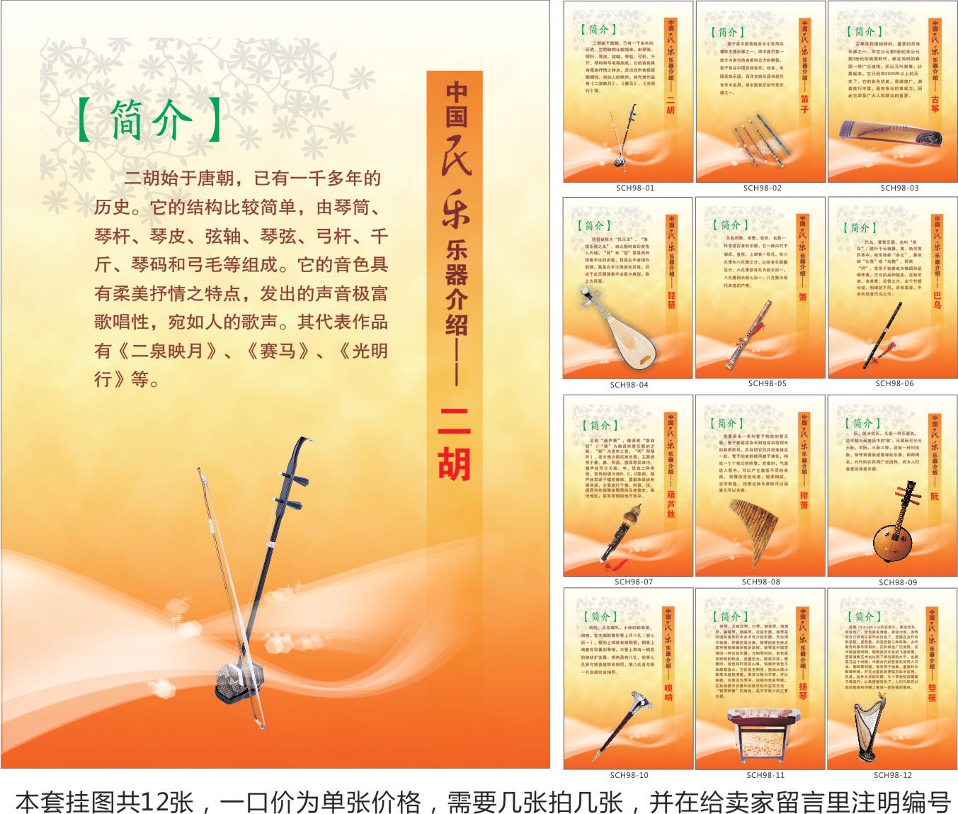 订做音乐教室班级挂图/民族乐器海报/中国民乐乐器介绍贴画sch98