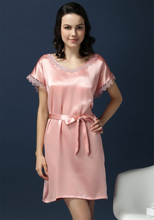 新款天然纯桑蚕丝睡裙 宽松款挂袖短袖真丝睡衣 净色配腰带家居服