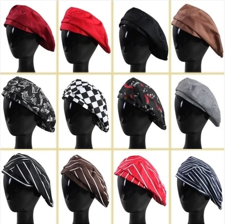 酒店厨师前进帽服务员贝雷帽西餐厅厨师帽男女工作帽棉帽黑色围裙