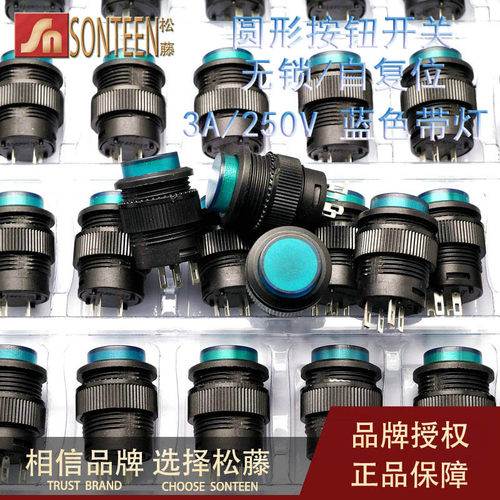 带灯无锁/自复位按钮开关/R16-503BD 圆形16MM 3A/250V绿色(5个)