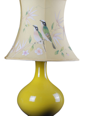 真丝手绘工笔花鸟灯罩黄色千秋瓶台灯table lamp